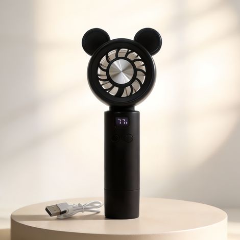 Tragbarer, wiederaufladbarer Ventilator mit digitalem Schwarz-Display, niedlichem und ergonomischem Design sowie stufenlosem Geschwindigkeitsregler – ideal für den Sommer. (1/2)