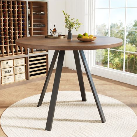Mesa de comedor redonda 80x80x75 cm nogal y negro en MDF y metal con diseño retro (1/5)