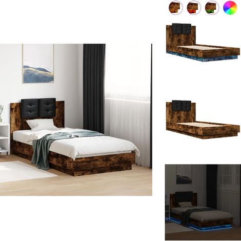 Bettgestell mit Kopfteil und LED-Leuchten Räuchereiche 90x190cm - Holzbettfassad - Kopfteil Bett - LED Beleuchtung Bett - Doppelbett - Massivholzbette (1/5)