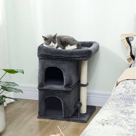 Albero tiragraffi compatto 2 nicchie, piattaforma, pali in sisal, 45 x 40 x 66 cm, grigio scuro (1/5)
