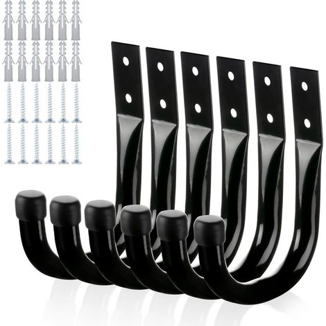 Set mit 6 robusten Metall-Wandhaken für die Garagenaufbewahrung und -organisation, große J-förmige Universalhaken, schwarz
