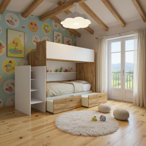 Letto a castello minimalista con terzo letto estraibile - Quercia e Bianco