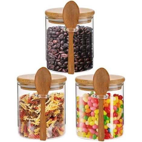 Bocaux en verre avec couvercle hermétique et cuillère, récipients en verre (3 pièces) (1/5)
