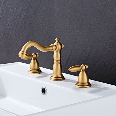 Antique European brushed brass bathroom faucet, double handle hot and cold water tap, retro faucet with hose (1/4)