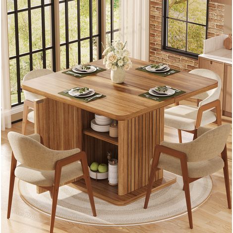 Table à manger carrée 80x80 cm avec rangement intégré, 2 étagères, MDF décor bois brun foncé (1/5)
