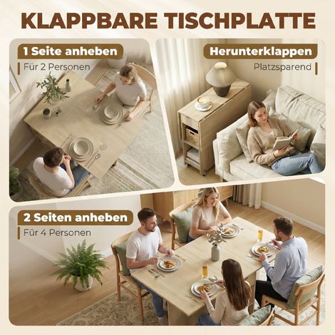 Table pliante pour 2-4 personnes, table roulante avec compartiment ouvert et tiroir, idéale pour petits espaces, bois naturel (1/5)