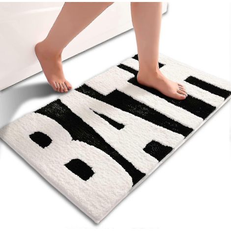 Tapis de bain noir et blanc, tapis de bain antidérapant avec lettres pour le bain, tapis de bain doux, absorbant et mignon, lavable en machine, séchage rapide et confortable. (1/4)