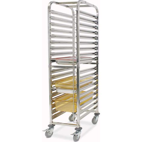 BRB Chariot de transport pour conteneurs GN 18 GN 1/1, acier inoxydable, l x P x H 380 x 550 x 1735 mm, 4 roulettes pivotantes en caoutchouc avec frein de stationnement (1/2)