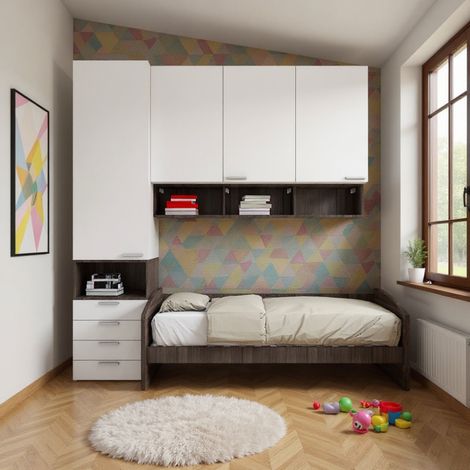 Cameretta a mezzo ponte con divano letto, armadio e cassettiera - Bianco e Olmo