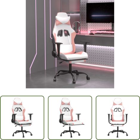 vidaXL Gamingstuhl mit Massage - Gaming-Stuhl mit Massage & Fußstütze Weiß und Rosa Kunstleder (1/5)