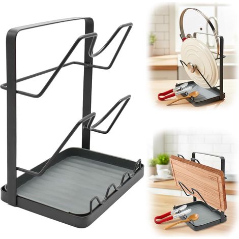 Organisateur JeiibrZui - Porte-couvercles 2 en 1 en acier inoxydable avec plateau amovible - 23 x 13,5 x 18,5 cm - 1 pièce - Gris - Pour plan de travail et fixation murale (1/5)