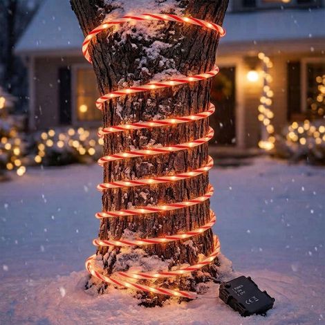 Zuckerstange Lichtschlauch warm weiß für Außen mit Timer - 100 LED - Outdoor Weihnachts Lichterkette rot-weiß gestreift