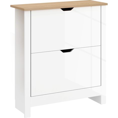 HOMCOM 12-Shoe Storage Cabinet 4 Shelves 2 Drawers Tabletop High Gloss White (1/5)