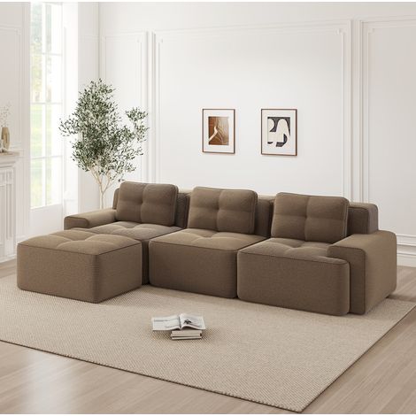 Sofá modular 3 plazas marrón en pana con otomana, diseño sin montaje y asiento profundo (1/5)