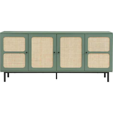 Buffet 4 portes vert et cannage 180 cm - Luma