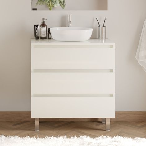 Meuble de salle de bain 80cm avec plateau et vasque à poser arrondie - 3 tiroirs - sans miroir - blanc brillant - MAYOR