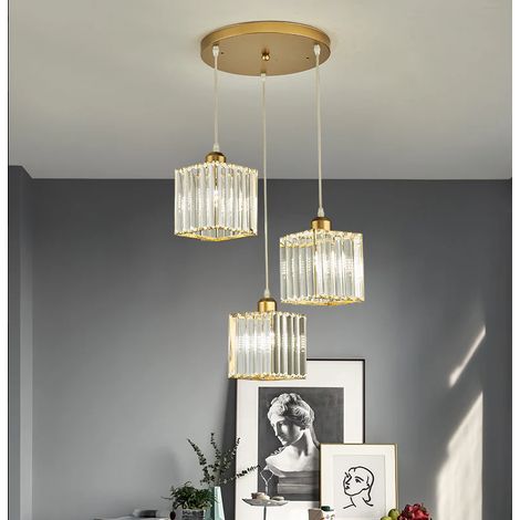 Lámpara de araña de cristal de 3 cabezas, luz de pasillo, luz de techo E27, luz de cocina, decoración de mostrador de bar, altura ajustable (oro). (1/5)