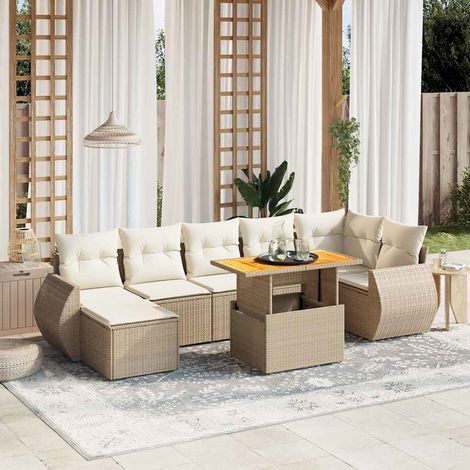 Ensemble Salon Jardin Résine Tressée Beige 8 Places avec Coussins - Table Réglable, Modulaire et Housses Lavables (1/4)