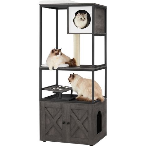 Feandrea – Arbre à chat 146 cm avec niche et gamelles surélevées – Poteau griffoir en sisal – Tapis lavables – Gris brumeux (1/5)
