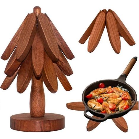 Dessous de plat en bois en forme d'arbre, pour plats chauds - Lot de 3 pour un rangement facile - Convient aux plats chauds, casseroles, bols et théières (1/5)