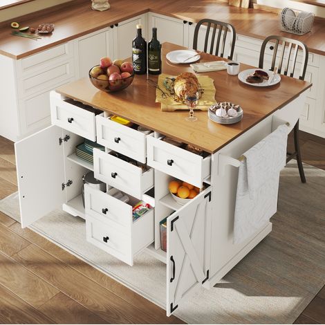 MEUBLIV Isola da cucina pieghevole bianca effetto legno, carrello mobile 147x44x93 cm (1/5)