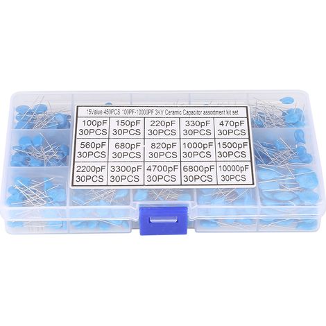 Kit d'assortiment de 450 condensateurs céramiques haute tension 3 kV, 15 valeurs, de 100 pF à 10 000 pF