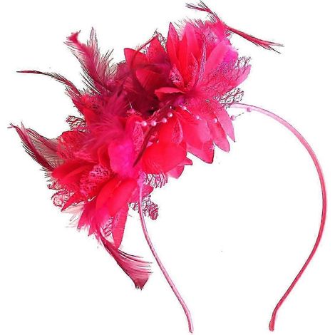 Bandeau vintage à plumes, élégant bandeau en tissu fleuri pour femmes et filles, accessoire de coiffure de mariée-Ocean red (1/5)