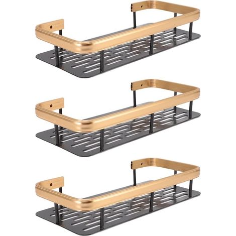 Cesta de ducha de 3 niveles，estante de ducha de alta capacidad，con adhesivos invisibles para el baño，30 x 13 x 5,5 cm (Negro y dorado) (1/5)