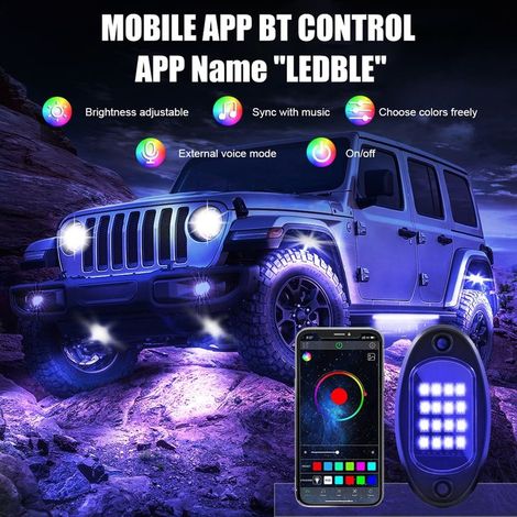 Lumières rocheuses LED multicolores étanches, 8 pièces, avec application BT, contrôleur à 24 touches, fonction musicale pour SUV ATV UTV (1/5)