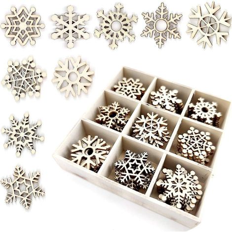 boîte de décorations de Noël à suspendre, ornements flocons de neige non finis, bois antique naturel, copeaux de bois (1/5)
