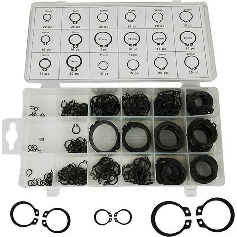 Coffret de Assortiment Circlip Snap,300 PCS 18 Tailles Circlip Snap Clip Snap Ring Assortiment Circlip Kit Externe Pour Anneau à Circlip Avec Boît Noir (3mm-22mm) (1/5)