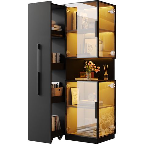 Vitrine Noir en MDF et verre, Avec Éclairage LED et Étagères Réglables, 70 x 38 x 160cm - pour salon, salle à manger (1/5)