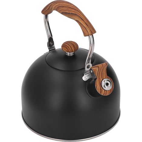 Bouilloire à sifflet 2,5 L en acier inoxydable avec poignée imitation bois pour thé, café, lait et eau. (1/5)