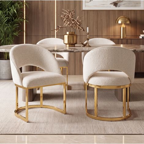 Juego de 4 sillas de comedor, diseño curvo, patas de metal galvanizado, bouclé beige y dorado (1/5)