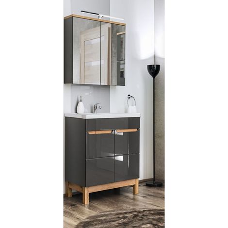 Badezimmer Waschplatz Set mit 60cm Keramik-Waschtisch & LED-Spiegelschrank SOLNA-56 in Hochglanz grau mit Eiche, B/H/T ca.: 110/200/46 cm (1/5)