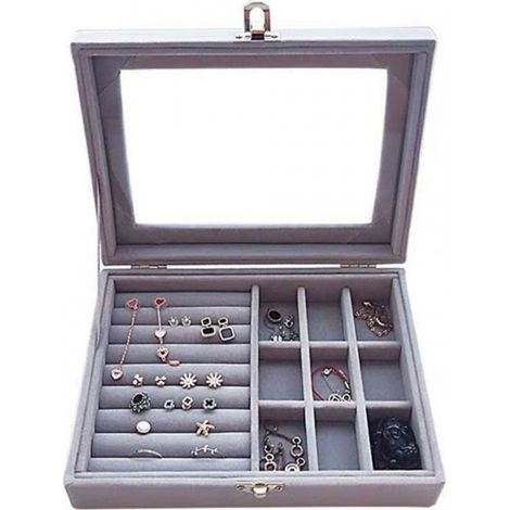 Lntyq Schmuckschatulle aus Samt, graues Schmucketui mit transparentem Glasdeckel, Schmucketui zur Aufbewahrung von Ringen, Halsketten, Armbändern, Ohrringen (1/3)