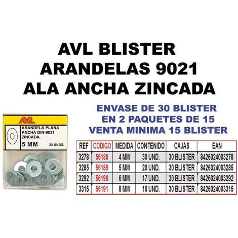 avl blister arandela 9021 a-ancha 4 mm zincada 3278 (caja 15 unidades)
