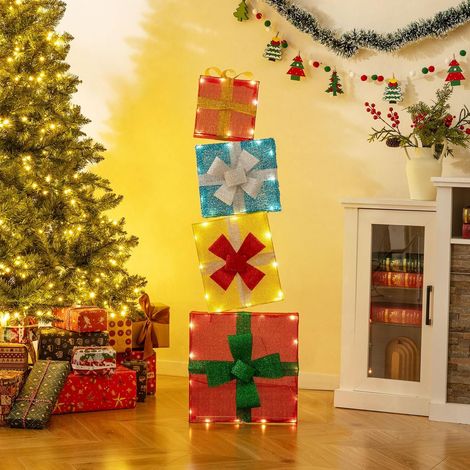 GOPLUS 120 cm Boîtes Cadeaux Noel Lumineuses, Décorations Noël Interieur Exterieur avec 48 Lumières LED, Nœuds, Boîtes Cadeaux Empilées pour Cour, Porche, Jardin, Cheminée (1/5)