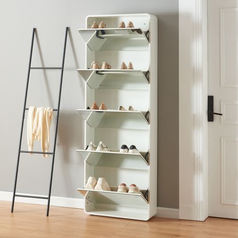 Scarpiera Aure con Ante a Specchio e 5 Contenitori Ribaltabili 180 x 63 x 24 cm Bianco [en.casa] (1/5)
