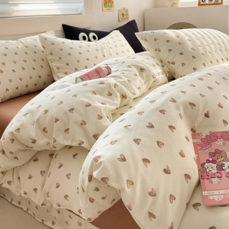 Bettwäsche-Set 135x200cm mit Herzmuster, Mikrofaser, Beige/Braun