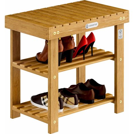 CASARIA® Banco para Zapatos Estantería Zapatero Multiuso de Madera de Acacia Maciza Marrón Certificación FSC® 3 Niveles hasta 160 Kg M - 50x30x46cm (1/7)
