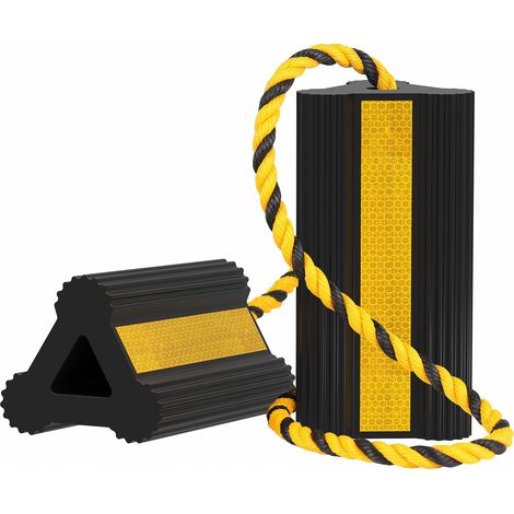 Wiltec Unterlegkeile für Anhänger mit Nylon Seil 207 x 115 x 105 mm, schwarz gelbe Bremskeile aus Gummi, Radkeile in Dreiecksform mit Reflexionsstreifen ideal für Wohnmobil, Wohnwagen, Pkw und Lkw (1/5)
