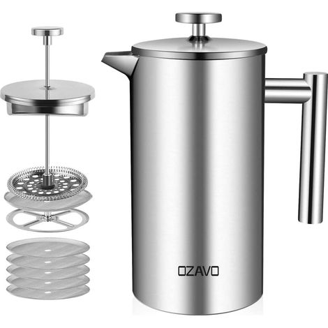 Cafetière à Piston Inox 1L , avec 5 Filtres , 3 en 1 Acier Filtre à Thé Manual, 1000ml (1/5)