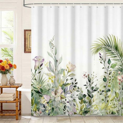 Rideau de douche 180x180cm avec crochets, motif plantes vertes luxuriantes, arbustes touffus aux belles feuilles et fleurs, imperméable pour baignoire (1/5)