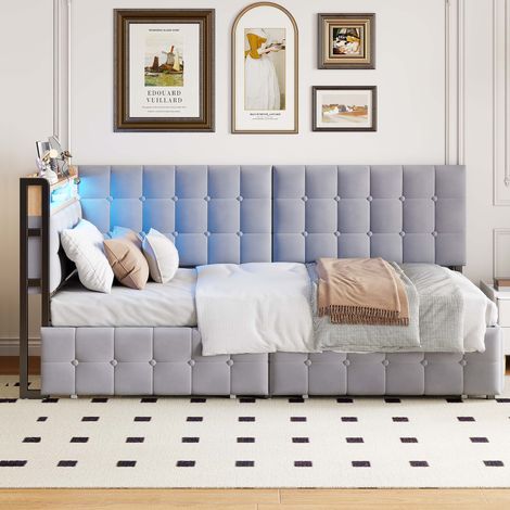 Divano letto in tessuto grigio 90x200 cm con 2 cassetti, LED nel testiera, presa USB e Type-C