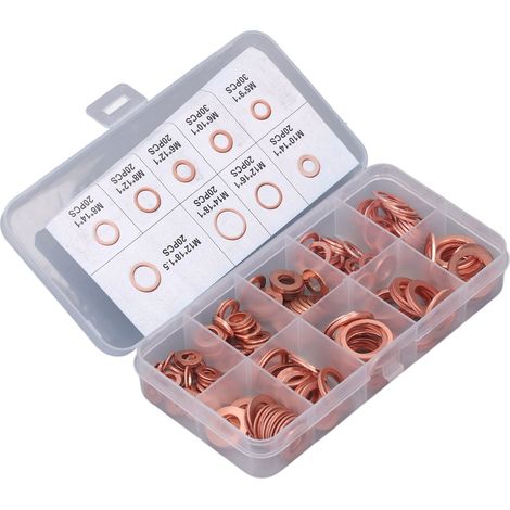 200 joints de bouchon de vidange d'huile en cuivre rouge pour traitement thermique, 9 types de rondelles d'étanchéité pour bouchon de vidange d'huile M5-14 (1/5)