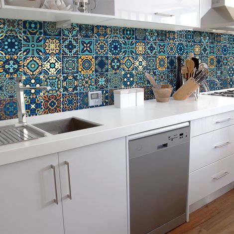 Sticker Mural Carrelage adhésif Cuisine Salle de Bain - 30 STICKERS CARREAUX DE CIMENT AZULEJOS DOMITIA - 30stickers10x10cm (1/5)