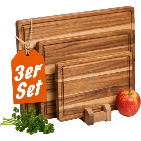 Relaxdays Schneidebrett, 3er Set, 3 Größen, Ständer, Saftrille, Akazienholz, Küchenbrett, Frühstücksbrettchen, braun (1/5)