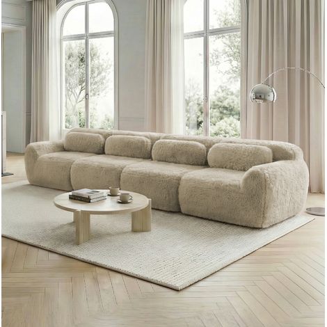 4-Sitzer-Sofa aus Plüsch in Hellkhaki, modulares rahmenloses Sofa mit Ottomanen (1/5)