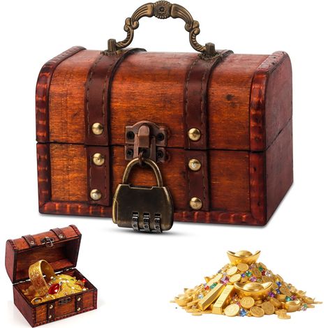 Vintage Mini Coffre Trésor Boite Bois, Coffre au Trésor en Bois avec Serrure à Combinaison, Petit Coffre de Pirate, Tirelire, Boîte à Bijoux, pour conservation et décoration, Marron (1/5)